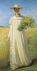 Anna Ancher palaamassa pellolta